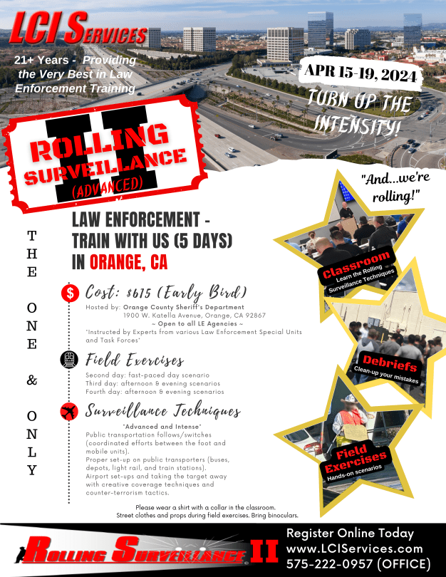 Advanced Rolling Surveillance II ® Law Enforcement Training in Orange County, CA - Southern California - April 2024