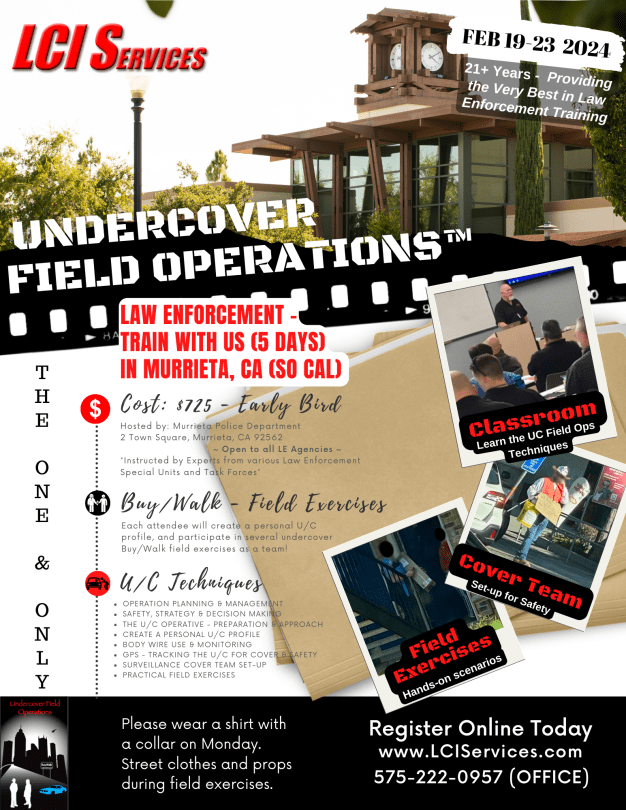 Undercover Field Operations Law Enforcement Training in Murrieta, CA - Southern California - February 2024