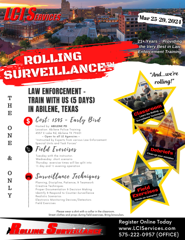 Abilene, TX Rolling Surveillance class flyer for March 2024