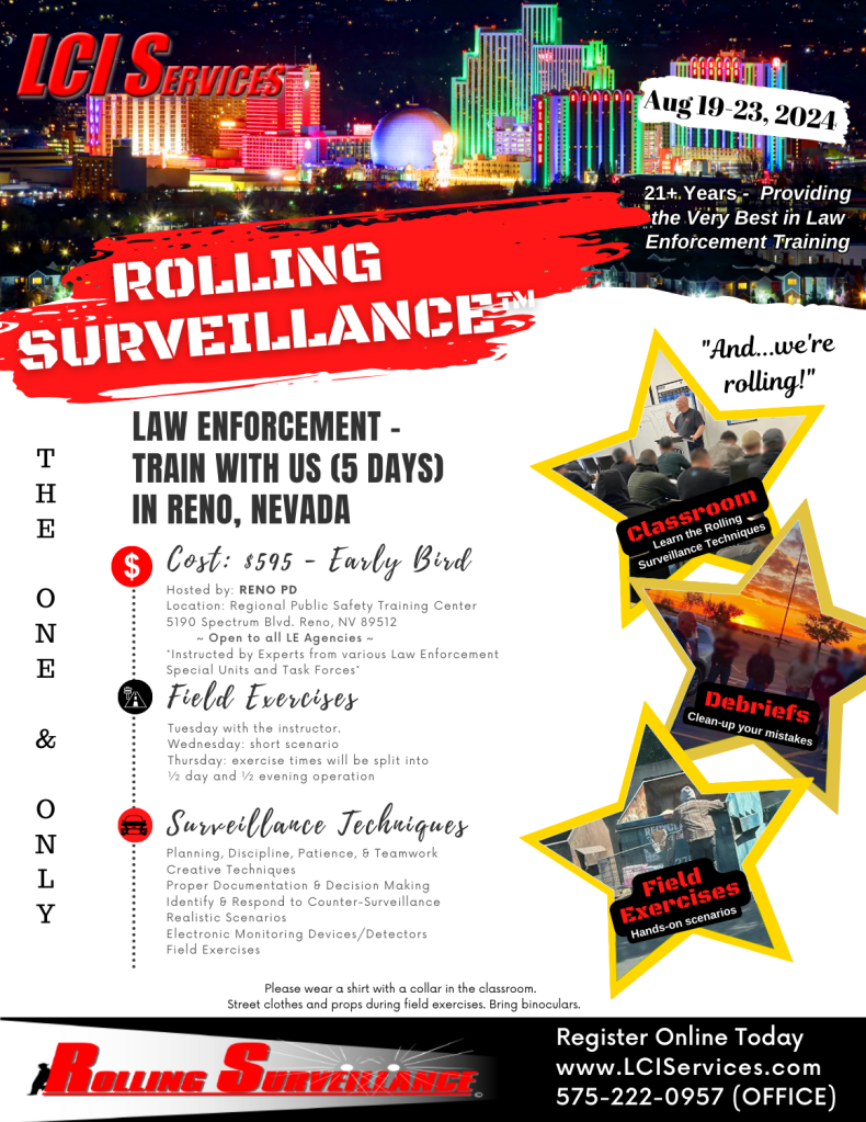 Join Us for Rolling Surveillance - Law Enforcement Training - in Reno, NV this August 2024.