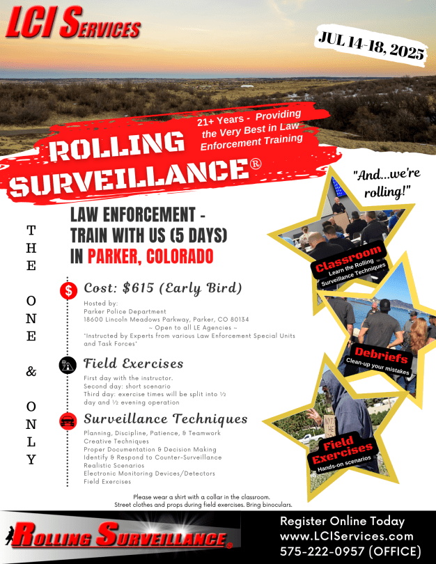 A flyer for Rolling Surveillance in Parker, CO in July 2025.
