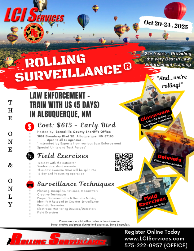 Rolling Surveillance® law enforcement training in Albuquerque, NM October 2025