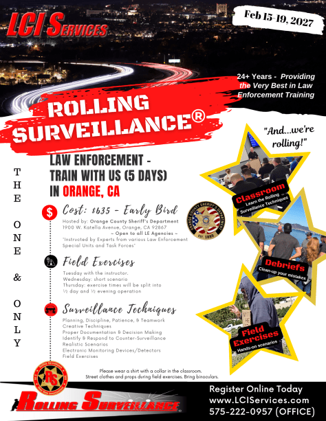 Rolling Surveillance® Law Enforcement Training in Orange County California in February 2027